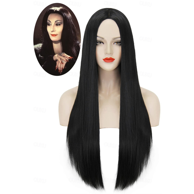  Familjen Addams Parann Syntetisk Parann Mitten Del Parann Lång Naturligt Svart #1B Syntetiskt Hår Justerbar Värmebeständig Syntetisk Halloween Parann