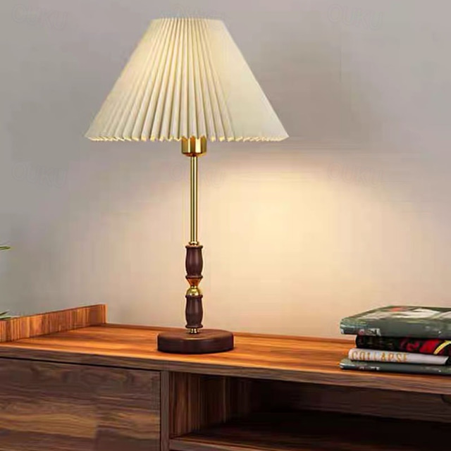  Vintage Table Lamp Wooden with Tapered Drum Fabric Shade Table Lamp Living Room, 5W Bedroom Study Desk Lamp 110-240V