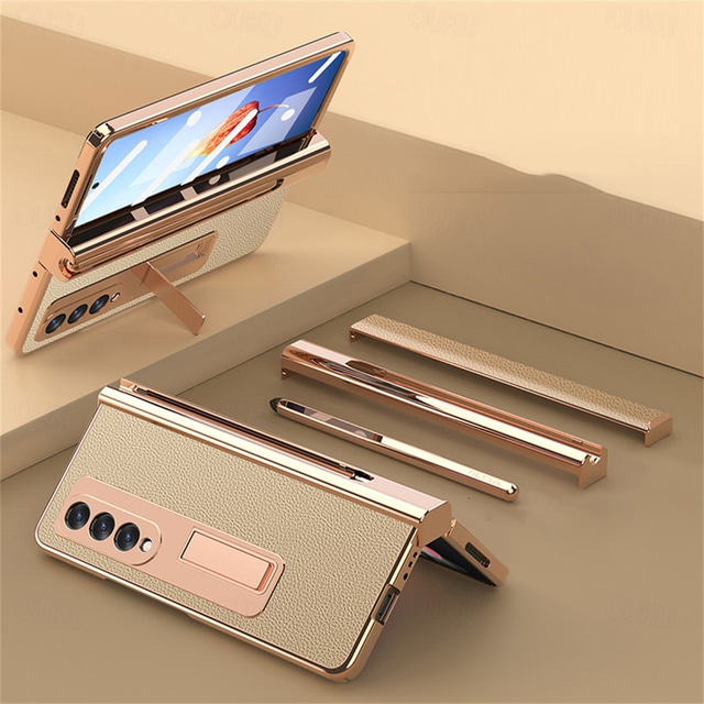  Phone Case For Samsung Galaxy Z Fold 5 Z Fold 4 Z Fold 3 Z Fold 2 Bumper Frame Four Corners Drop Resistance Kickstand Solid Colored PC PU Leather