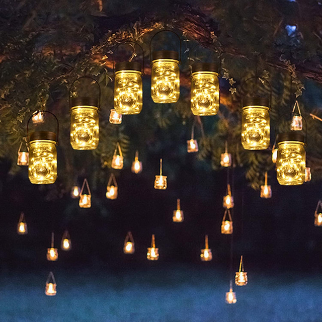  2 pezzi Luci Lattina di Vetro Solare 30 LED Luci Fatate da Esterno Impermeabili Lanterna Lucciola per Giardino Prato Decorazione di Festa e Matrimonio