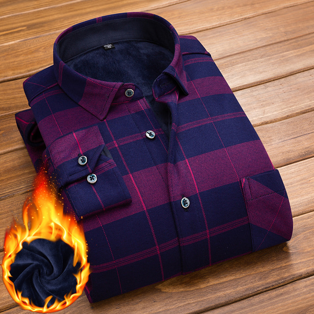  Men's Dress Shirt Button Up Shirt Plaid Shirt Collared Shirt Fleece Shirt Black Navy Blue Royal Blue Blue Long Sleeve Tartan Turndown Fall Winter Wedding Outdoor Clothing Apparel