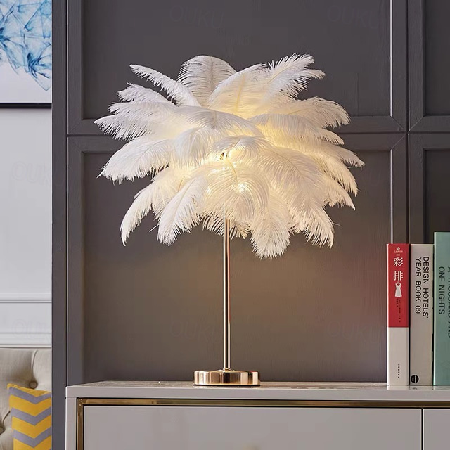  White Feather Table Lamp with Plug in Wire Modern Feather Lamp 3-Light Bedside Table Lamp for Bedroom Nightstand Lamp Desk Night Light in Gold Christmas gift