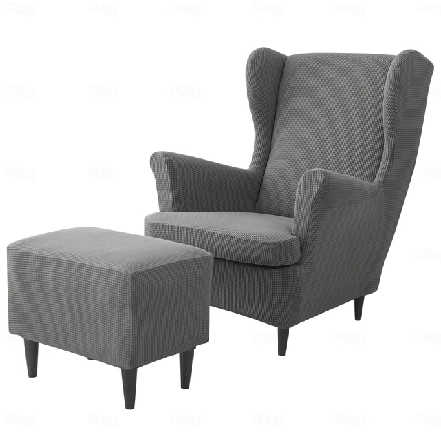  Wing Chair Cover Set, Include Stretch Wingback Chair Slipcover and Ottoman Cover,  Jacquard Wing Back Chair Cover Removable Machine Washable Armchair Chair Cover for Strandmon Chair