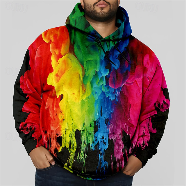  Men's Plus Size Pullover Hoodie Sweatshirt Big and Tall Geometric Hooded Pocket Long Sleeve Spring &  Fall Fashion Streetwear Basic Comfortable Work Daily Wear Tops