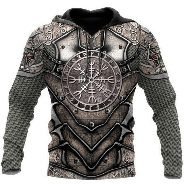  Men's Hoodie Pullover Hoodie Sweatshirt Brown Dark Gray Coffee Gray Hooded Graphic Armor Viking Lace up Casual Daily Holiday 3D Print Sportswear Casual Big and Tall Spring &  Fall Clothing Apparel