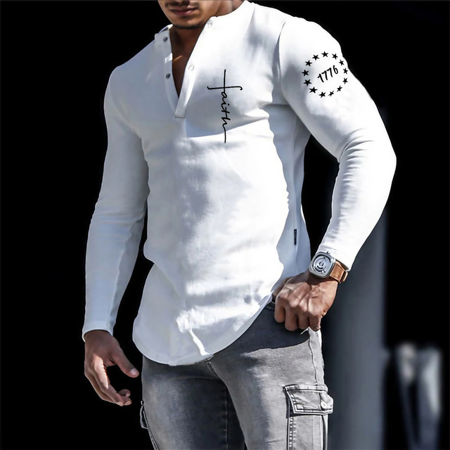  Herre Henly-skjorte Kul skjorte Langermet skjorte Langermet Henley Vår & Vinter Bokstaver Grafiske trykk Designer Grunnleggende Fritid Gate Sport Ferie Svart Hvit Blå Topp T-skjorte for menn
