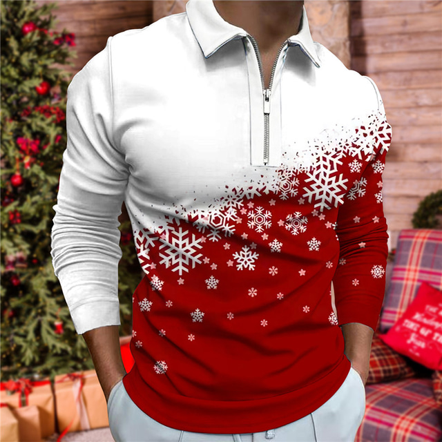  男性用 ポロシャツ ゴルフシャツ グラフィック スノーフレーク柄 折襟 イエロー ワイン ブルー ダスティブルー グリーン 3Dプリント クリスマス ストリート 長袖 ジッパー プリント 衣類 ファッション デザイナー カジュアル ソフト
