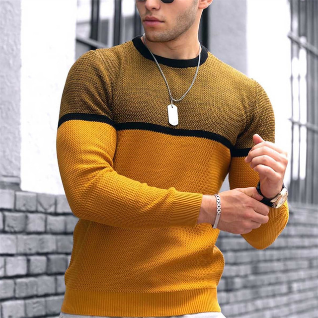  Men's Knitwear Waffle Knit Cropped Color Block Color Block Crew Neck Keep Warm Modern Contemporary Work Daily Wear Clothing Apparel Fall & Winter Black White S M L