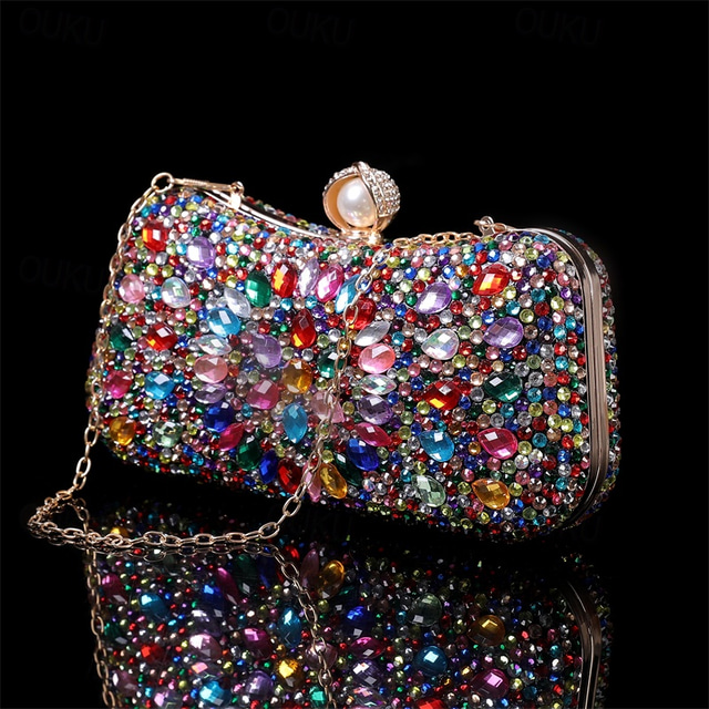  női többszínű kristályos estélyi clutch – luxus strasszos kézitáska gyöngykapoccsal és láncpánttal gálákra, esküvőkre és hivatalos eseményekre