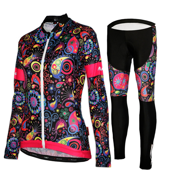  Mujer Manga Larga Maillot de Ciclismo con Mallas Invierno Malla Licra Poliéster Verde Negro Morado Flores Botánica Gracioso Bicicleta Camiseta / Maillot Medias / Mallas Largas Resistente a los rayos