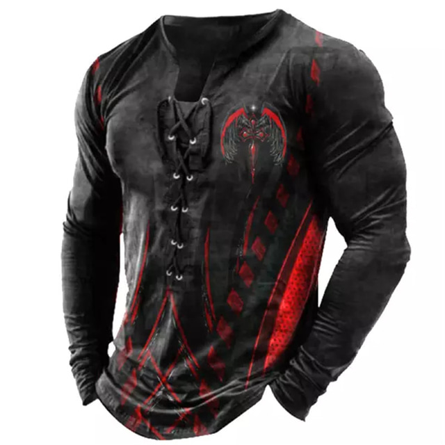  Men's T shirt Tee Tee Graphic Collar Black 3D Print Outdoor Street Long Sleeve Lace up Print Clothing Apparel Basic Designer Casual Classic