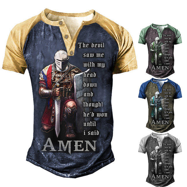  Herre Templarkorset Soldier T skjorte Henly-skjorte Grafiske T-skjorter Kortermet 3D-utskrift Årgang Designer Grunnleggende utendørs Daglig Sport Sommer Svart Navyblå Blå Grønn kaffe Henley Henley