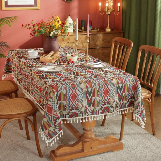  Mantel de granja, mantel de lino y algodón bohemio, decoración de mesa bohemia, resistente a las arrugas para restaurante, picnic, comedor interior y exterior