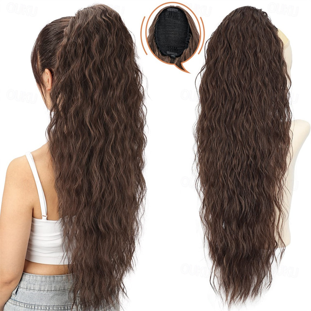  Long Corn Wave Ponytail Hair Extensions Drawstring Medium Brown Curly Pony tail Hair Pieces for Women Natural Clip in Ponytail HairPieces Synthetic (30inch)