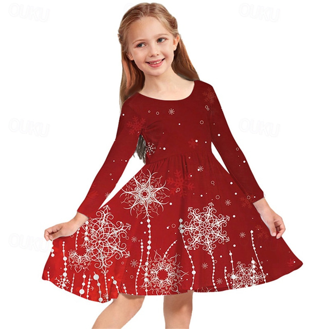  Kids Girls' Christmas Dress Dress Snowflake Dress Tree Snowflake Long Sleeve Christmas Gifts Casual Crewneck Adorable Daily Polyester Above Knee Casual Dress Swing Dress A Line Dress Fall Winter 3-10