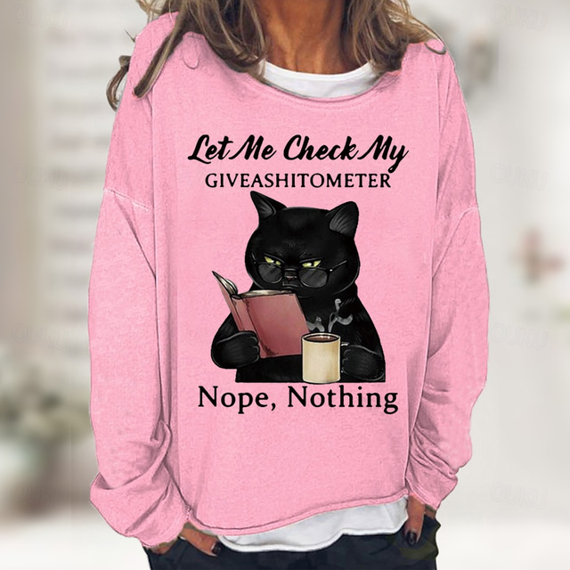  chemise femme imprimé chat décontracté sport basique manches longues col rond noir automne&tissu doux et respirant pour le confort hivernal