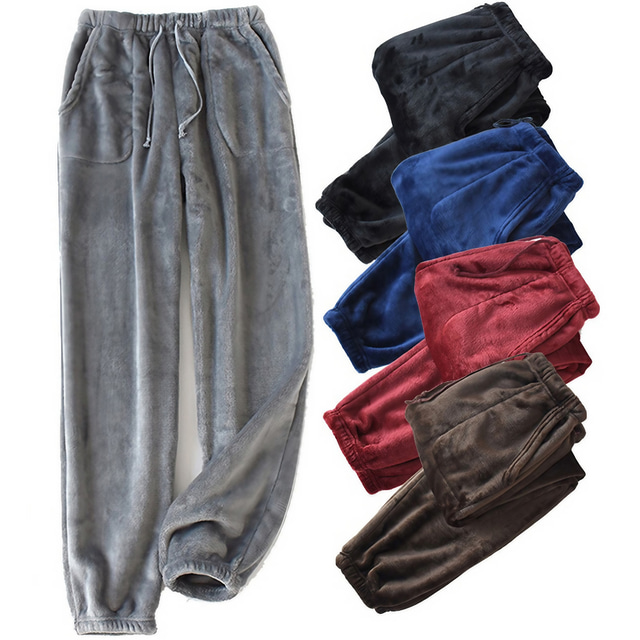  Men's Loungewear Flannel Pajama Pants Sleepwear Lounge Pants Pure Color Fashion Simple Home Bed Polyester Pant Elastic Waist Winter Fall Black Blue