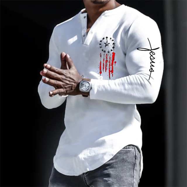  Hombre Henley Shirt camisa fresca Camisa de manga larga Estrella Estampados Escote en Pico Estampado en caliente Calle Deportes Manga Larga Abotonar Estampado Ropa Design Casual Cómodo