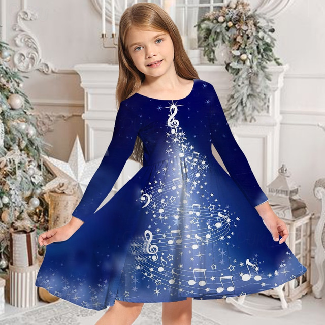  Kids Girls' Christmas Dress Dress Snowflake Dress Animal Elk Snowflake Long Sleeve Casual Crewneck Adorable Daily Polyester Above Knee Casual Dress Swing Dress A Line Dress Fall Winter 3-10 Years