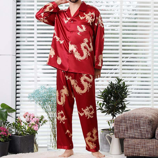  Men's Sleepwear Silk Pajama 2 Pieces Dragon Simple Comfort Home Daily Polyester Breathable Lapel Long Sleeve Pant Pocket Summer Spring Black Red