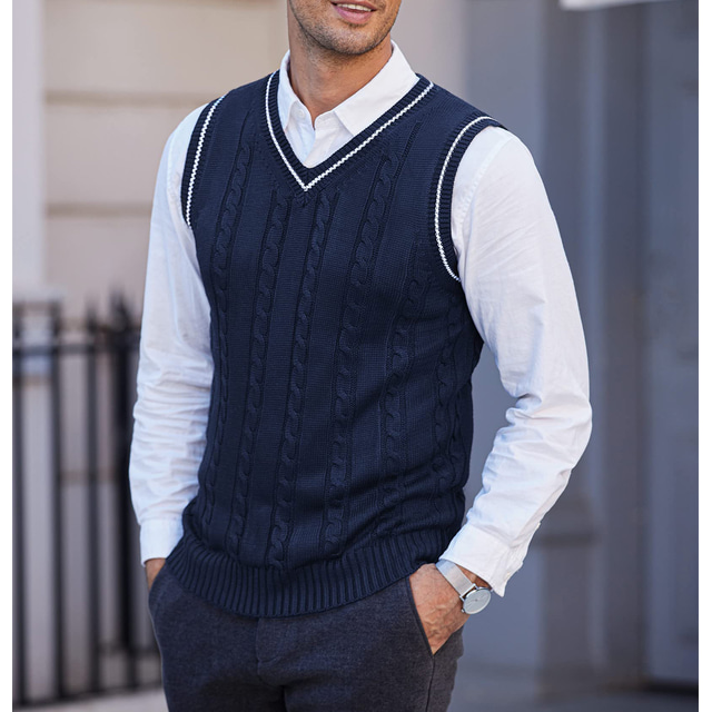  Men's Sweater Vest Pullover Sweater Jumper Cable Knit Layered Glitter Solid Color V Neck Ethnic Style Vintage Style Daily Drop Shoulder Winter Fall Black Blue S M L