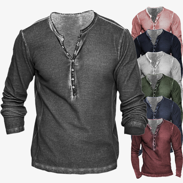  Men's T shirt Tee Henley Shirt Henley Lightweight 1950s Casual Long Sleeve Orange red Black Red Blue Green Dark Gray Solid Color Henley Outdoor Casual Button-Down Clothing Clothes Lightweight 1950s