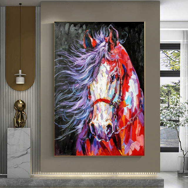  Handmade Oil Painting Canvas Wall Art Decoration Modern Cute Animal Coloured Horse for Home Decor Rolled Frameless Unstretched Painting