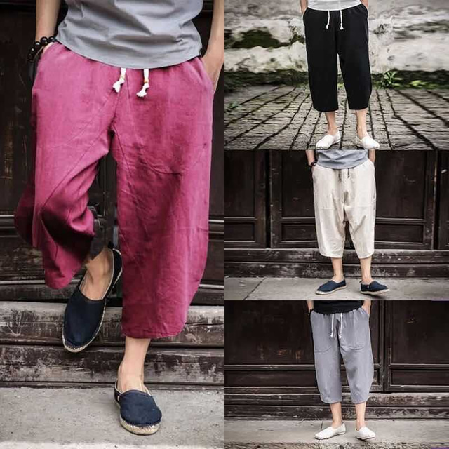  Men's Linen Shorts Summer Shorts Capri Pants Pocket Drawstring Elastic Waist Plain Comfort Breathable Calf-Length Casual Holiday Going out Linen / Cotton Blend Stylish Classic Black White