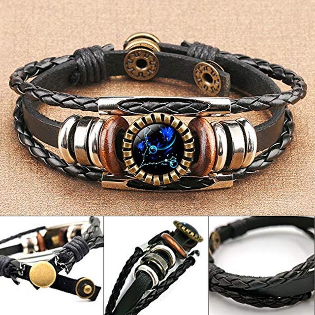 12 zodiac constellation bracelet, leather hand-woven galaxy astrology luminous adjustable snap buckle wristband-retro fashion (best friend's constellation gift)