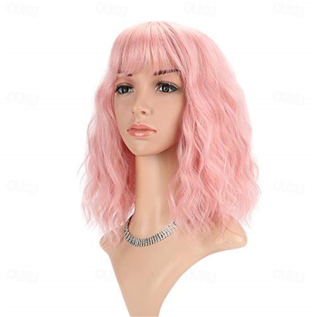  Peluca rubia corta con puntas rosas pelucas con flequillo peluca bob mezcla de rubio y rosa peluca rizada y ondulada sintética peluca hasta los hombros para fiestas de Halloween de cosplay