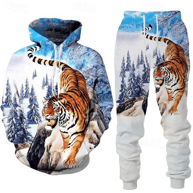  Men's Graphic Animal Wolf 2pcs 3D Sweatshirt Sets Tracksuit Hoodies Long Sleeve Long pants Hooded Streetwear Designer Basic Sports & Outdoor Casual Sports Print Spring Fall Black White Blue