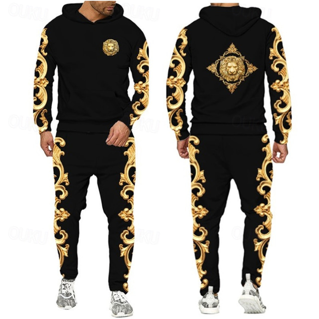  Herre Grafisk Blomster 2stk 3D-genseresett Joggedress Hettegensere Langermet Lange bukser Med hette Gatemote Designer Grunnleggende Sport & Utendørs Avslappet Sport Trykt mønster Vår Høst Svart