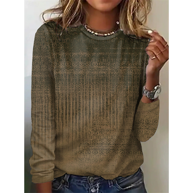  Women's T Shirt Graphic Basic Long Sleeve Round Neck Regular Tops Daily Weekend Print Red Blue Green Khaki Gray Fall & Winter