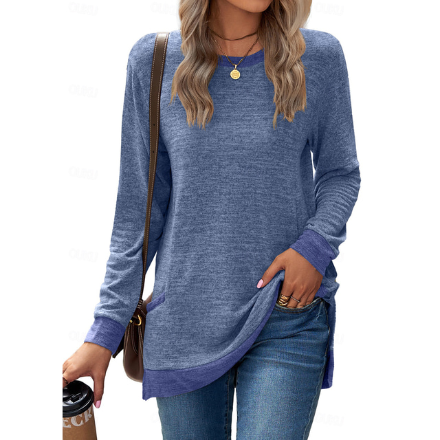  Women's T Shirt Color Block Basic Long Sleeve Puff Sleeve Round Neck Regular Tops Valentine's Day Daily Print Black Army Green Red Light Brown Blue Fall & Winter