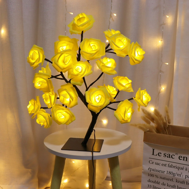  LED Rose Flower Table Lamp Valentine Tree Fairy Lights 24LED Rose Flower Tree Lights Valentine's Day USB Table Lamp Fairy Maple Leaf Night Light Home Party Christmas Wedding Bedroom Decoration Gift