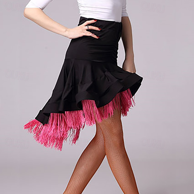  Latin Dance Skirts Fringed Tassel Ruching Pure Color Women's Performance Training High Polyester
