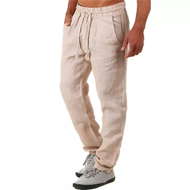  Men's Linen Pants Trousers Summer Pants Beach Pants Drawstring Elastic Waist Straight Leg Plain Comfort Outdoor Casual Daily Streetwear Stylish Black White