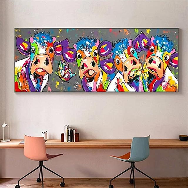  Oil Painting 100% Handmade Hand Painted Wall Art On Canvas Colorful Cattles Animal Series Modern Abstract Home Decoration Decor Rolled Canvas No Frame Unstretched 150*50cm