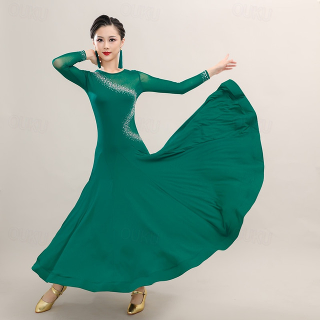  Ballroom Dance Dress Rhinestone Splicing Women's Performance Training Long Sleeve Chinlon Ice Silk