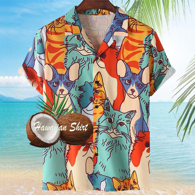  Herren Hemd Hawaiihemd Sommerhemd Tier Katze Grafik-Drucke Umlegekragen Regenbogen 3D-Druck Strasse Casual Kurze Ärmel Button-Down Bedruckt Bekleidung Tropisch Modisch Hawaiianisch Designer