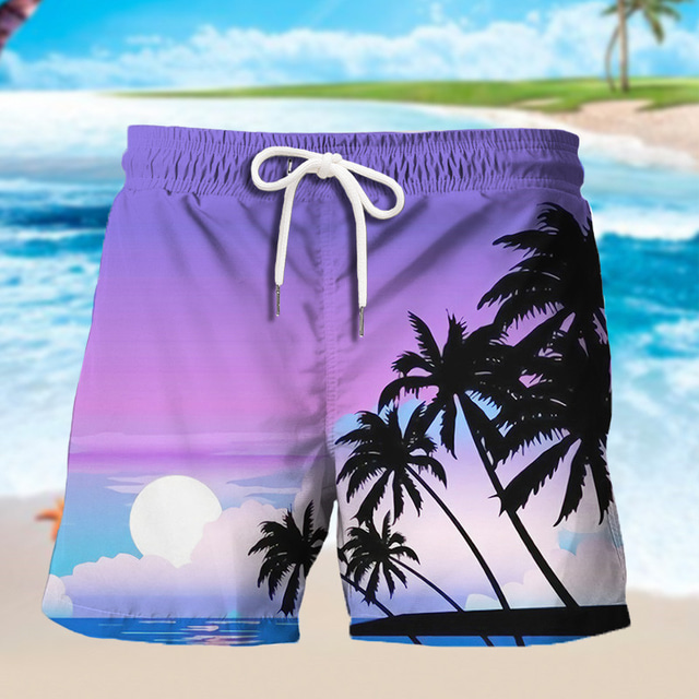  Men's Graphic Coconut Tree Board Shorts Swim Shorts Swim Trunks Mid Waist Hawaiian Designer Boho Holiday Beach Drawstring with Mesh lining Elastic Waist Designer Clothing Apparel