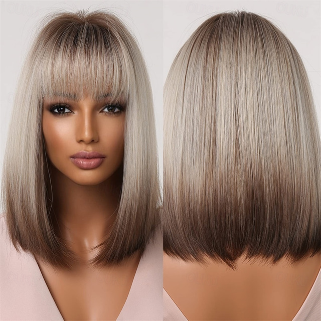  ruskea blondi ombre bob peruukit naisille cosplay peruukki otsatukka tummat juuret harmaat luonnolliset hiukset synteettinen peruukki barbiecore peruukit