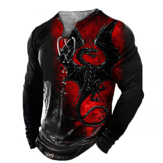 Black And Red Gothic Mens 3D Shirt For Halloween | Winter Cotton | Men'S Tee Vintage Fashion Designer Comfortable Graphic Animal Dragon Long Sleeve & White Casual Daily Going