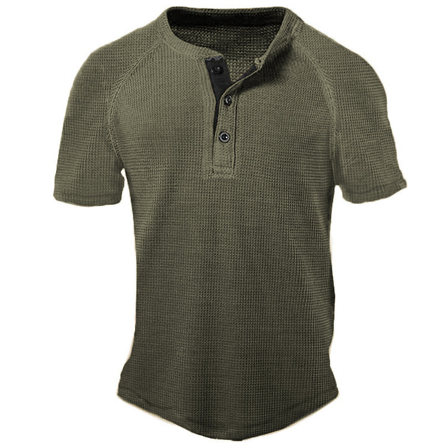  Men's Waffle Tee Button T Shirt T Shirt Waffle Henley Shirt Short Sleeve Henley Summer Plain Fashion Classic Comfortable Button-Down Street Casual Sports Navy-blue Wine Black Top Tee for Men