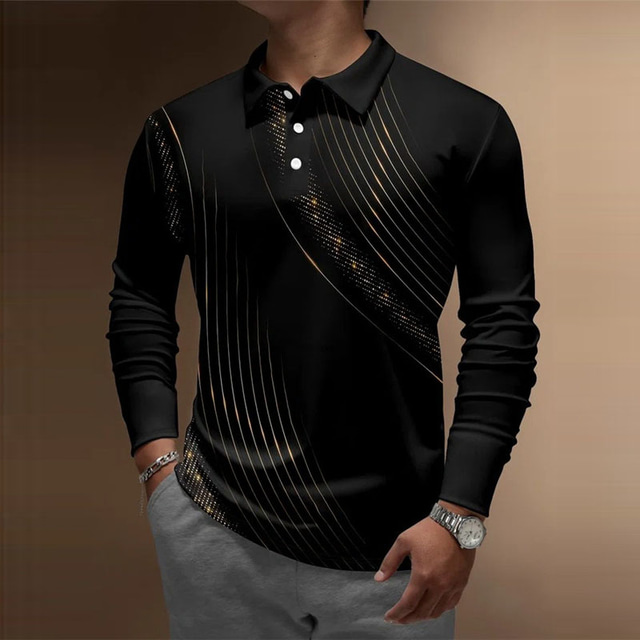  Men's Polo Shirt Golf Shirt Graphic Prints Linear Turndown Black Outdoor Street Long Sleeve Button-Down Print Clothing Apparel Fashion Streetwear Designer Soft