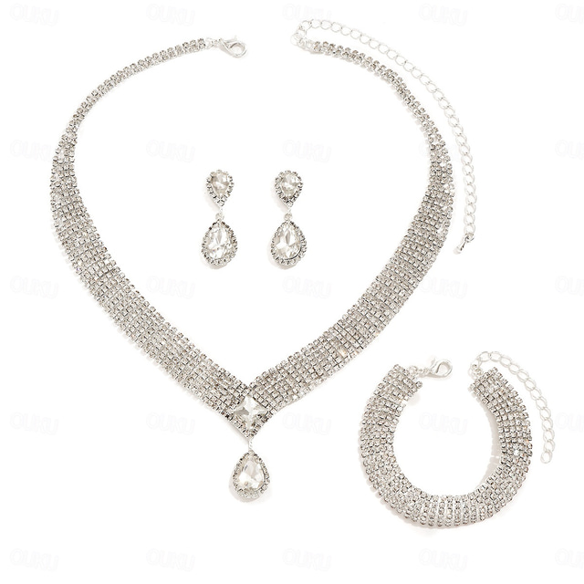  Bridal Jewelry Sets 1 set Imitation Diamond Alloy 1 Necklace 1 Bracelet Earrings Women's Simple Luxury Elegant Tennis Chain Jewelry Set For Wedding Party Gift