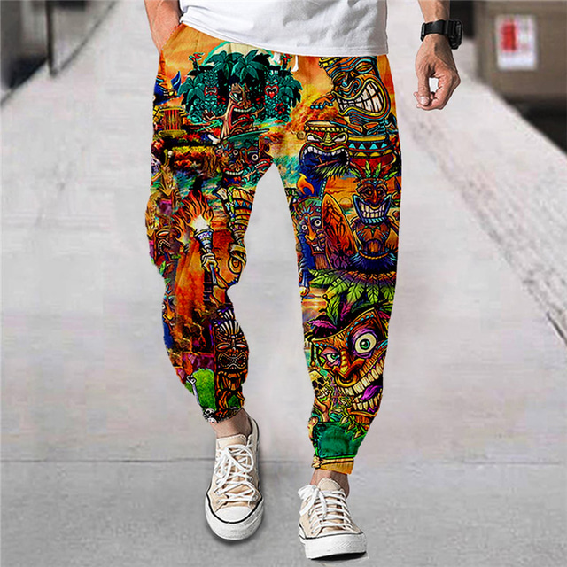  Men's Joggers Trousers Summer Pants Beach Pants Drawstring Elastic Waist Cartoon Graphic Prints Flower / Floral Comfort Breathable Sports Outdoor Casual Daily Streetwear Designer Red Orange