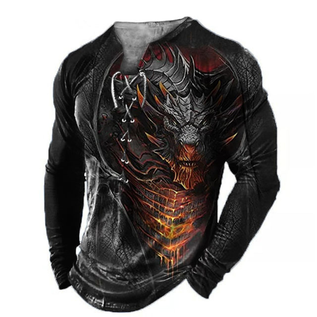  Dragon Gothic Mens 3D Shirt For Halloween | Black Winter Cotton | Men'S Tee Fashion Designer Comfortable Graphic Animal Long Sleeve Casual Daily Going Out Collar Spring &