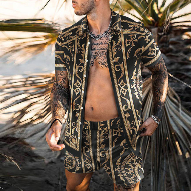  Herr Skjorta set Hawaii skjorta Grafisk skjorta Aloha skjorta Blommig Nedvikt Svart Blå Purpur Grön 3D-tryck Utomhus Ledigt Kortärmad 3D-utskrift Button-Down Kläder Mode Hawaiisk Designer Ledigt