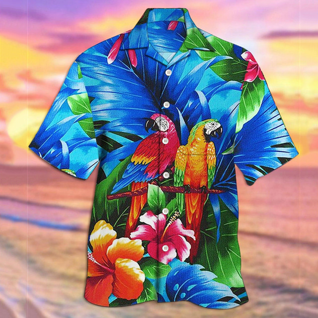  Men's Shirt Summer Hawaiian Shirt Graphic Prints Parrot Leaves Turndown Black Yellow Black / Brown Red Navy Blue Casual Hawaiian Short Sleeve Button-Down Print Clothing Apparel Tropical Fashion
